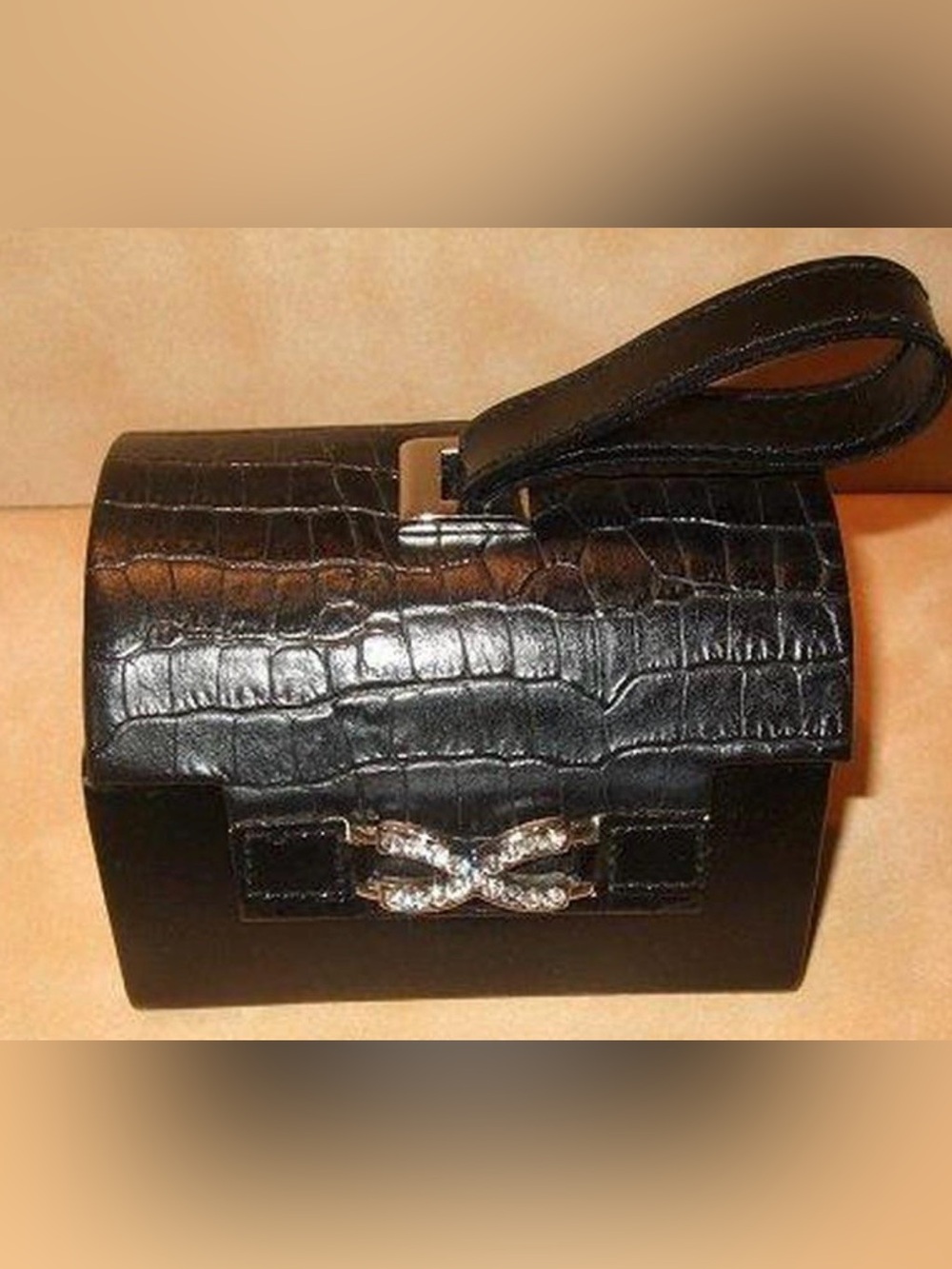 Wolf Designs Heritage Croc Embossed Black Leather Travel Jewelry Box